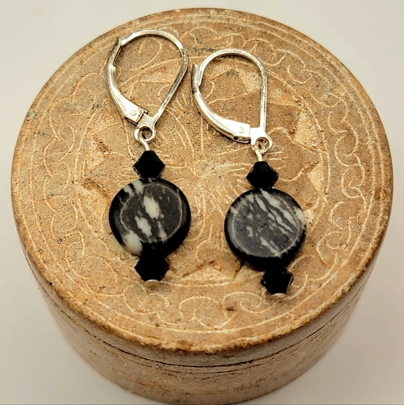 925 Sterling Silver Zebra Jasper Dangle Earrings - Picture 1 of 4